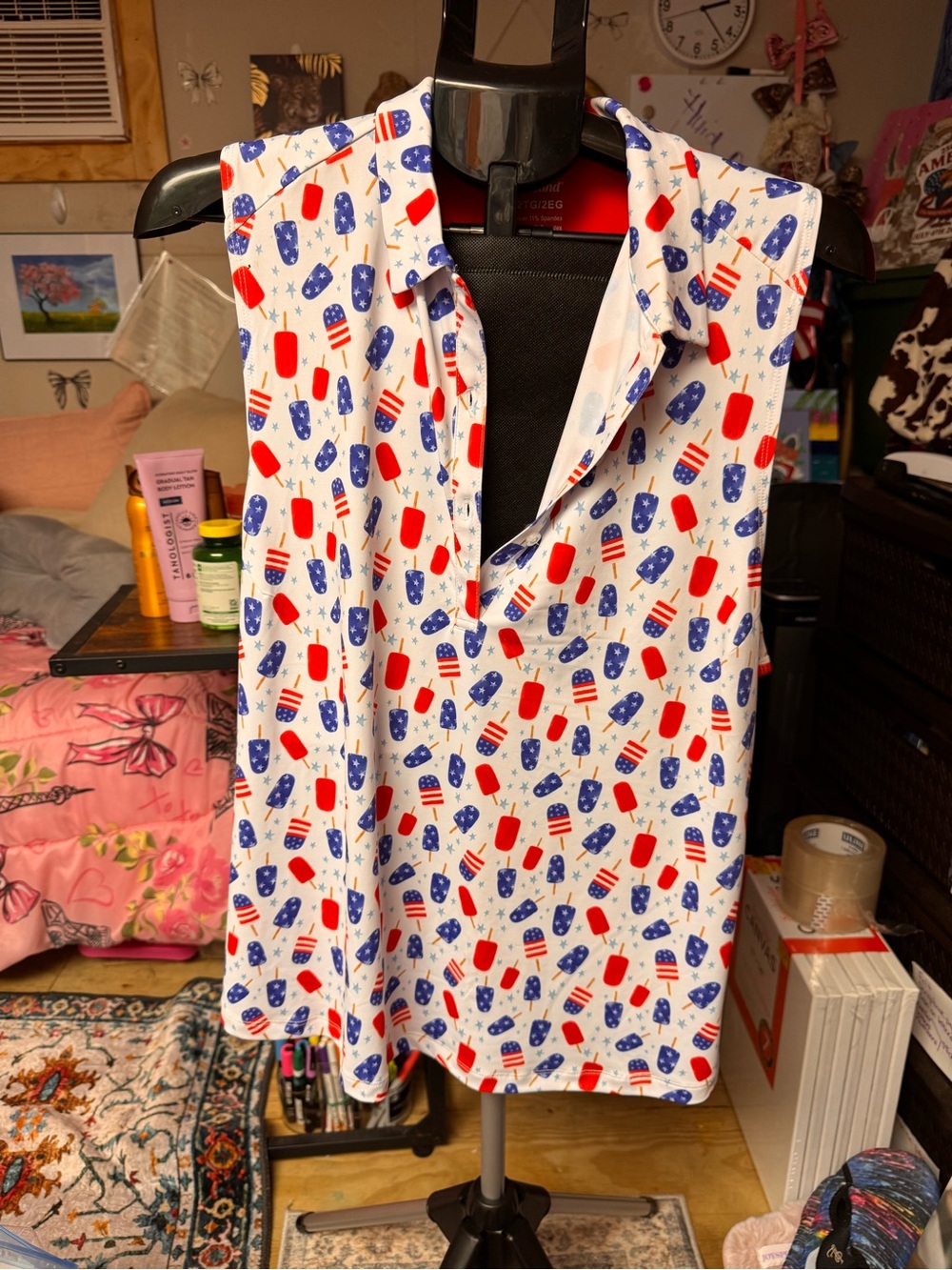 Sleeveless Patriotic Popsicle Print Top - Red & Blue on White
